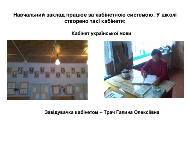 Навчальний заклад працює за кабінетною системою. У школі створено такі кабінети: Кабінет української мови Завідувачка кабінетом – Трач Галина Олексіївна 