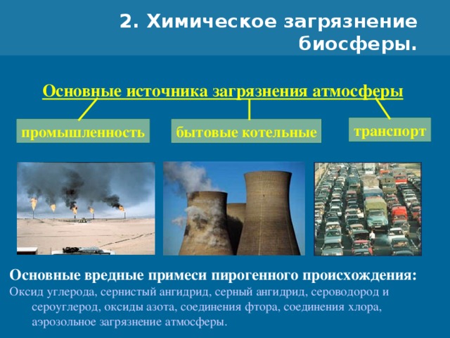 2. Химическое загрязнение биосферы. Основные источника загрязнения атмосферы транспорт промышленность бытовые котельные В выступлении д-ра Келли, президента федерации американских ученых перед комиссией Сената США 6 марта 2002 г. были представлены оценки последствий применения «грязной бомбы» начиненной радиоактивным цезием, кобальтом или америцием на территории крупных американских городов ( сл .  47 и 48 ). Из анализа этих рисунков видно, что для оценки радиологических последствий используются математические модели не учитывающие специфику рассеяния радиоактивных веществ в условиях сложной городской застройки, что может привести к существенной недооцеке возможных последствий подобных терактов на значительных удалениях от места взрыва из-за эффектов «уличных каньонов» ( сл. 48 – фотография вида сверху на район Манхеттена) Основные вредные примеси пирогенного происхождения: Оксид углерода, сернистый ангидрид, серный ангидрид, сероводород и сероуглерод, оксиды азота, соединения фтора, соединения хлора, аэрозольное загрязнение атмосферы.  