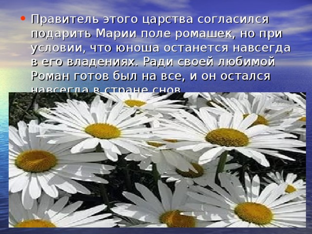 Правитель этого царства согласился подарить Марии поле ромашек, но при условии, что юноша останется навсегда в его владениях. Ради своей любимой Роман готов был на все, и он остался навсегда в стране снов 