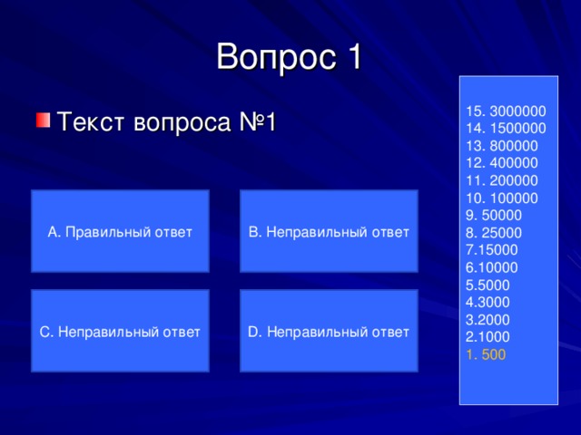 Вопрос 1 15. 3000000 14. 1500000 13. 800000 12. 400000 11. 200000 10. 100000 9. 50000 8. 25000 7.15000 6.10000 5.5000 4.3000 3.2000 2.1000 1. 500 Текст вопроса №1 А. Правильный ответ B . Неправильный ответ C . Неправильный ответ D . Неправильный ответ 