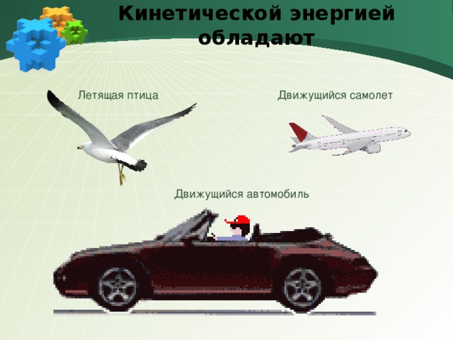 Кинетической энергией обладают Движущийся самолет Летящая птица Движущийся автомобиль