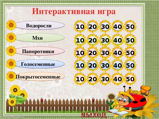 Интерактивная игра Водоросли 50 40 30 20 10 Мхи 10 50 40 20 30 Папоротники 20 50 30 40 10 Голосеменные 10 20 30 40 50 Покрытосеменные 50 40 30 20 10  