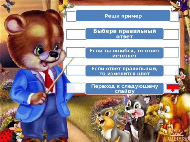 Реши пример Выбери правильный ответ Если ты ошибся, то ответ исчезнет Если ответ правильный, то изменится цвет Переход к следующему слайду 2 