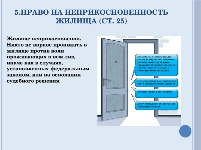 5.право на неприкосновенность жилища (ст. 25)   Жилище неприкосновенно. Никто не вправе проникать в жилище против воли проживающих в нем лиц иначе как в случаях, установленных федеральным законом, или на основании судебного решения. 