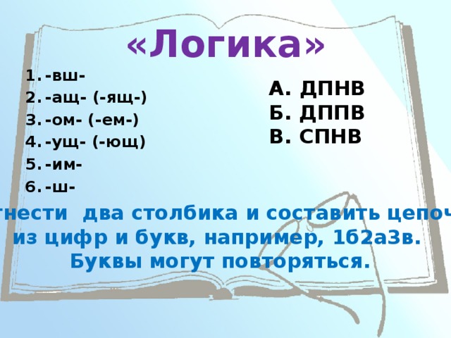 «Логика» -вш- -ащ- (-ящ-) -ом- (-ем-) -ущ- (-ющ) -им- -ш-   А. ДПНВ Б. ДППВ В. СПНВ Соотнести два столбика и составить цепочку из цифр и букв, например, 1б2а3в. Буквы могут повторяться. 