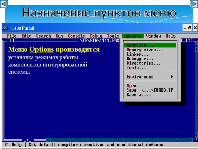 Меню Options производится установка режимов работы компонентов интегрированной системы 