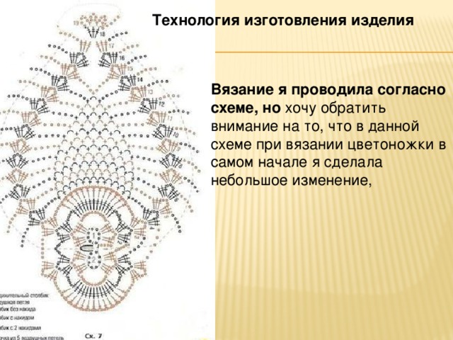 Технология изготовления изделия  Вязание я проводила согласно схеме, но хочу обратить внимание на то, что в данной схеме при вязании цветоножки в самом начале я сделала небольшое изменение, 