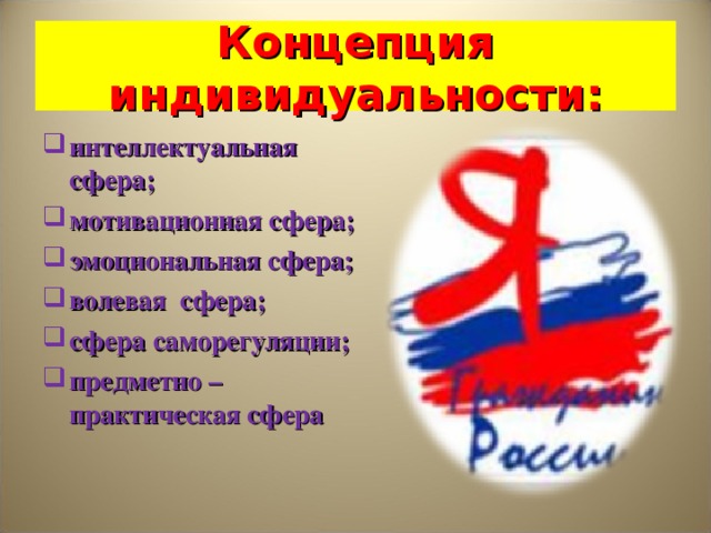 Концепция индивидуальности: интеллектуальная сфера; мотивационная сфера; эмоциональная сфера; волевая сфера; сфера саморегуляции; предметно – практическая сфера  
