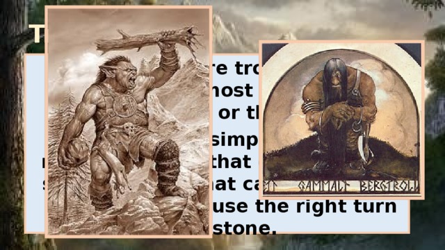 Trolls Usually there are trolls with one head, but the most notable may have, and two or three heads. So is there are simple trolls and mountain trolls that differ tall, big stupidity, and that can not appear in sunlight because the right turn into stone. 