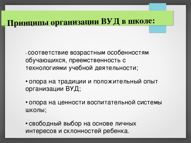 Принципы организации ВУД в школе:   соответствие возрастным особенностям обучающихся, преемственность с технологиями учебной деятельности;  опора на традиции и положительный опыт организации ВУД;  опора на ценности воспитательной системы школы;  свободный выбор на основе личных интересов и склонностей ребенка. 
