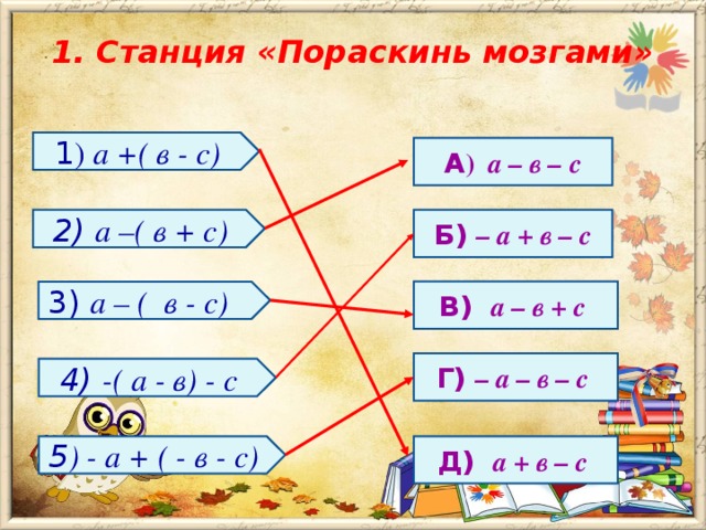 1. Станция «Пораскинь мозгами»   1 )  а +( в - с) А ) а – в – с 2) а –( в + с) Б)  – а + в – с В)  а – в + с  3) а – ( в - с) Г)  – а – в – с  4) -( а - в) - с Д)  а + в – с  5 ) - а + ( - в - с)