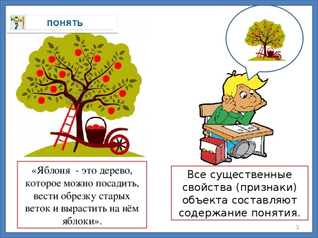 «Яблоня  - это дерево, которое можно посадить, вести обрезку старых веток и вырастить на нём яблоки». Все существенные свойства (признаки) объекта составляют содержание понятия.