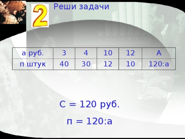 Реши задачи а руб. 3 п штук 40 4 10 30 12 12 А 10 1 20:а С = 120 руб. п = 120:a 