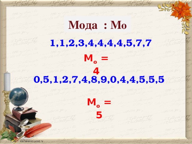 Мода : М о 1,1,2,3,4,4,4,4,5,7,7 M о = 4   0,5,1,2,7,4,8,9,0,4,4,5,5,5 M о = 5 