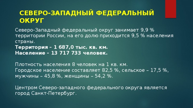 СЕВЕРО-ЗАПАДНЫЙ ФЕДЕРАЛЬНЫЙ ОКРУГ Северо-Западный федеральный округ занимает 9,9 % территории России, на его долю приходится 9,5 % населения страны. Территория – 1 687,0 тыс. кв. км. Население – 13 717 733 человек. Плотность населения 8 человек на 1 кв. км. Городское население составляет 82,5 %, сельское – 17,5 %, мужчины – 45,8 %, женщины – 54,2 %. Центром Северо-западного федерального округа является город Санкт-Петербург. 