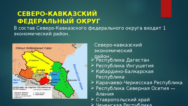 СЕВЕРО-КАВКАЗСКИЙ ФЕДЕРАЛЬНЫЙ ОКРУГ В состав Северо-Кавказского федерального округа входит 1 экономический район. Северо-кавказский экономический район: Республика Дагестан Республика Ингушетия Кабардино-Балкарская Республика Карачаево-Черкесская Республика Республика Северная Осетия — Алания Ставропольский край Чеченская Республика 