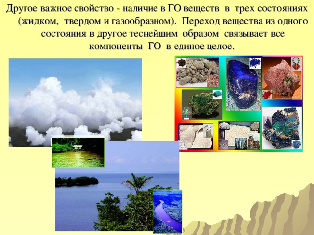 Другое важное свойство - наличие в ГО веществ в трех состояниях (жидком, твердом и газообразном). Переход вещества из одного состояния в другое теснейшим образом связывает все компоненты ГО в единое целое. 