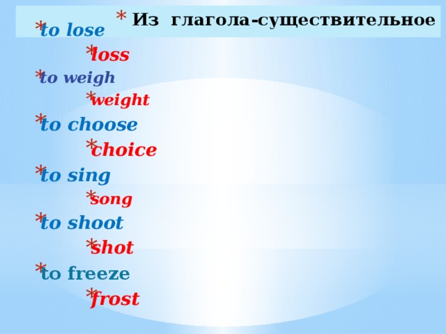 Из глагола-существительное to lose  loss    loss    loss    loss    loss    loss    loss    loss    loss    to weigh weight     weight     weight     weight     weight     weight     weight     weight     weight     to choose  choice    choice    choice    choice    choice    choice    choice    choice    choice    to sing song     song     song     song     song     song     song     song     song     to shoot shot     shot     shot     shot     shot     shot     shot     shot     shot     to freeze frost     frost     frost     frost     frost     frost     frost     frost     frost     