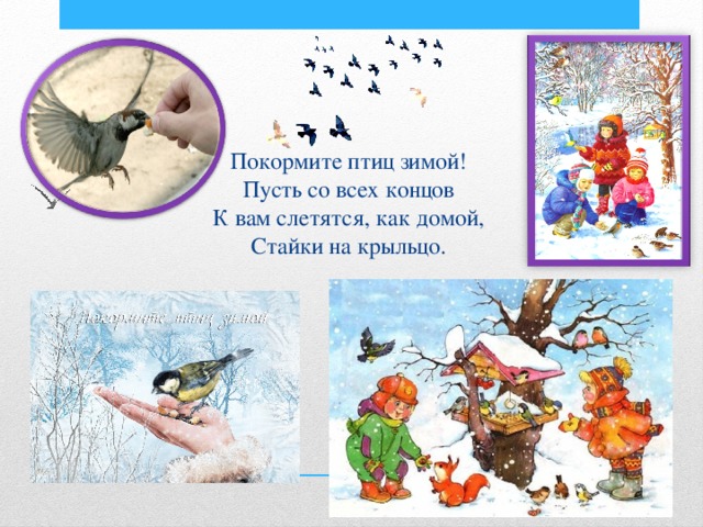 Покормите птиц зимой!  Пусть со всех концов  К вам слетятся, как домой,  Стайки на крыльцо. 