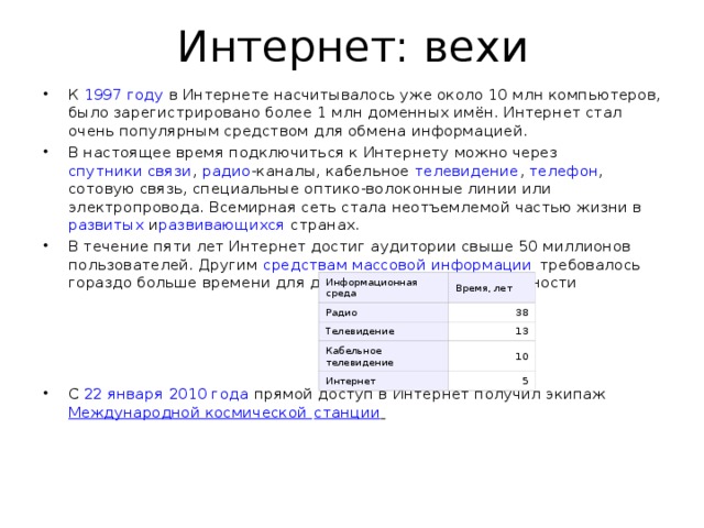 Интернет: вехи К  1997 году  в Интернете насчитывалось уже около 10 млн компьютеров, было зарегистрировано более 1 млн доменных имён. Интернет стал очень популярным средством для обмена информацией. В настоящее время подключиться к Интернету можно через  спутники связи ,  радио -каналы, кабельное  телевидение ,  телефон , сотовую связь, специальные оптико-волоконные линии или электропровода. Всемирная сеть стала неотъемлемой частью жизни в  развитых  и развивающихся  странах. В течение пяти лет Интернет достиг аудитории свыше 50 миллионов пользователей. Другим  средствам массовой информации  требовалось гораздо больше времени для достижения такой популярности     С  22 января   2010 года  прямой доступ в Интернет получил экипаж  Международной космической станции   Информационная среда Радио Время, лет Телевидение 38 13 Кабельное телевидение Интернет 10 5 