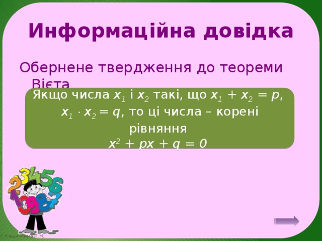 Информаційна довідка Обернене твердження до теореми Вієта Якщо числа x 1 і x 2 такі, що x 1 + x 2 = p ,  x 1   x 2 = q , то ці числа – корені рівняння  x 2 + px + q = 0 