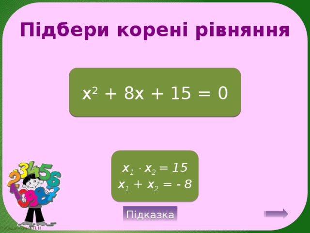 Підбери корені рівняння x 2 + 8x + 15 = 0 - 5; - 3 x 1   x 2 = 15 x 1 + x 2 = - 8 Підказка 