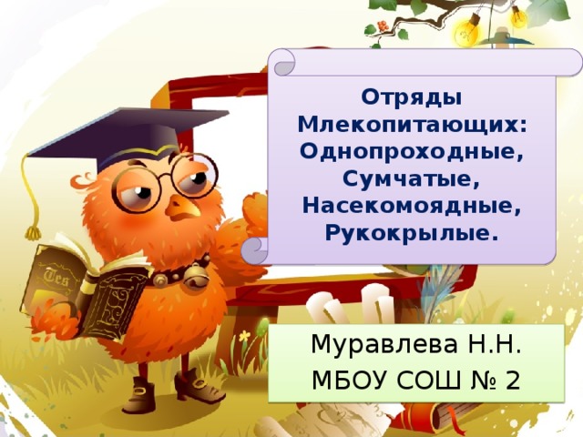 Отряды Млекопитающих: Однопроходные, Сумчатые, Насекомоядные, Рукокрылые. Муравлева Н.Н. МБОУ СОШ № 2 