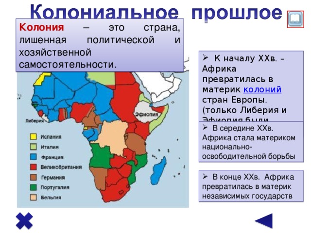 Колония – это страна, лишенная политической и хозяйственной самостоятельности.  К началу XX в. – Африка превратилась в материк колоний стран Европы. (только Либерия и Эфиопия были свободными)  В середине XX в. Африка стала материком национально-освободительной борьбы Переход по управляющим кнопкам, щелкните по изображению «развернутая книга» – появится дополнительная текстовая информация, кликните по слову колоний – появится определение этого слова, текст исчезнет, если по нему кликнуть  В конце XX в. Африка превратилась в материк независимых государств   