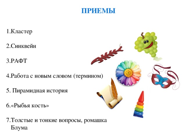 ПРИЕМЫ Кластер Синквейн РАФТ Работа с новым словом (термином) 5. Пирамидная история 6.«Рыбья кость» 7.Толстые и тонкие вопросы, ромашка Блума Кластер Синквейн РАФТ Работа с новым словом (термином) Пирамидная история «Рыбья кость» Толстые и тонкие вопросы, ромашка Блума