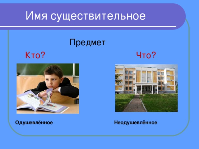  Имя существительное  Предмет  Кто? Что? Одушевлённое  Неодушевлённое 