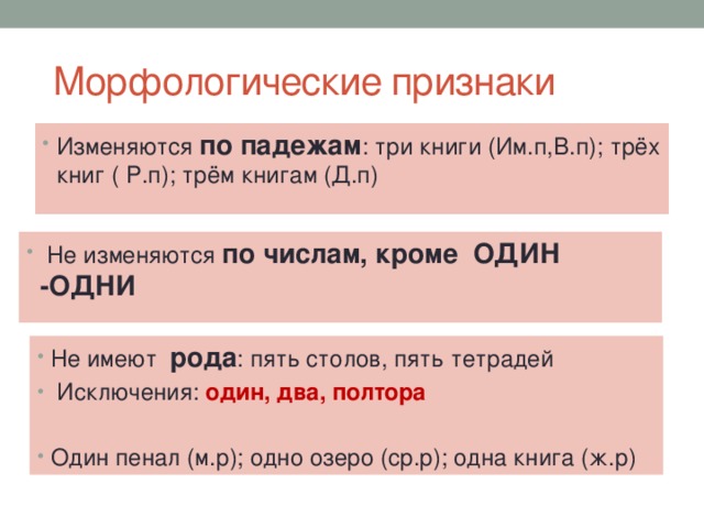  Морфологические признаки Изменяются по падежам : три книги (Им.п,В.п); трёх книг ( Р.п); трём книгам (Д.п)  Не изменяются по числам, кроме ОДИН -ОДНИ Не имеют рода : пять столов, пять тетрадей  Исключения: один, два, полтора Один пенал (м.р); одно озеро (ср.р); одна книга (ж.р) 