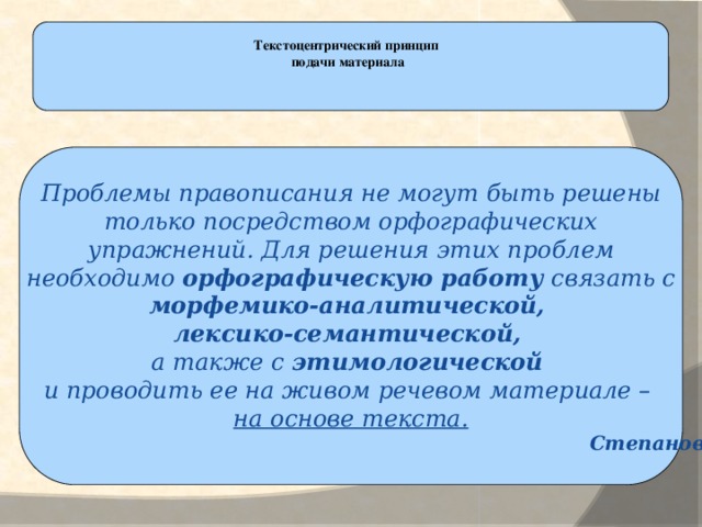Текстоцентрический принцип подачи материала Проблемы правописания не могут быть решены только посредством орфографических упражнений. Для решения этих проблем необходимо орфографическую работу связать с морфемико-аналитической, лексико-семантической,  а также с этимологической  и проводить ее на живом речевом материале – на основе текста.  Степанова Л.С.
