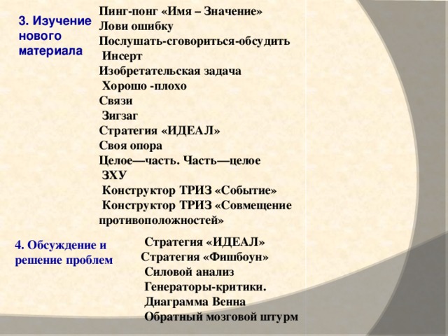 Пинг-понг «Имя – Значение» Лови ошибку Послушать-сговориться-обсудить  Инсерт Изобретательская задача  Хорошо -плохо Связи  Зигзаг Стратегия «ИДЕАЛ» Своя опора Целое—часть. Часть—целое  ЗХУ  Конструктор ТРИЗ «Событие»  Конструктор ТРИЗ «Совмещение противоположностей» 3. Изучение нового материала  Стратегия «ИДЕАЛ» Стратегия «Фишбоун»  Силовой анализ  Генераторы-критики.  Диаграмма Венна  Обратный мозговой штурм 4. Обсуждение и решение проблем