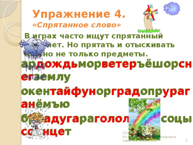 Упражнение 4.  «Спрятанное слово» В играх часто ищут спрятанный предмет. Но прятать и отыскивать можно не только предметы. ардождьморветеръёшорснегземлу окентайфунорградопрураганёмъю бррадугарагололёднасоцысолнцет    ар дождь мор ветер ъёшор снег землу окен тайфун ор град опр ураган ёмъю бр радуга ра гололёд насоцы солнце т    Склярова Н.А. Интеллектуальное.Тренировка памяти и внимания.  
