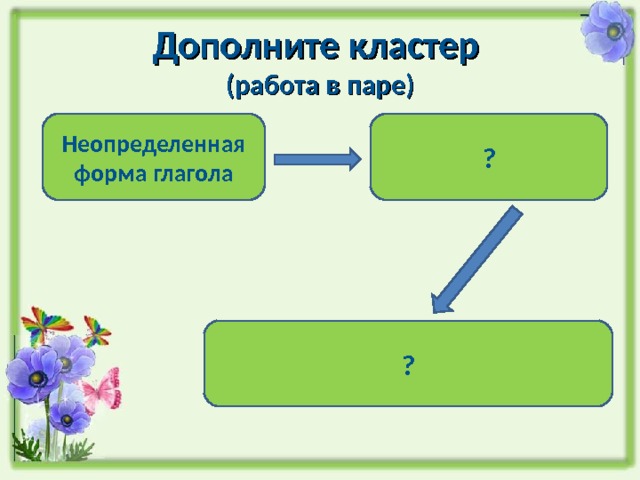 Дополните кластер  (работа в паре) Неопределенная форма глагола ? ? 