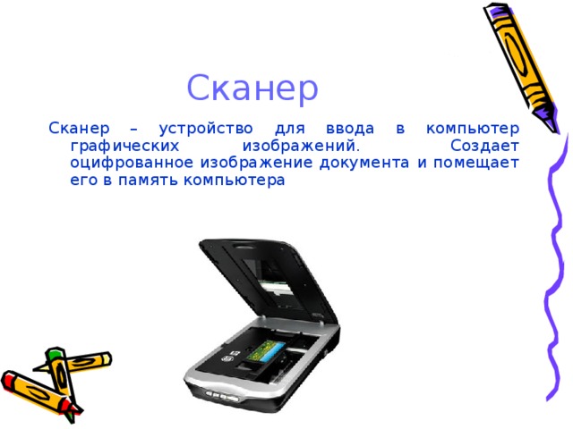 Сканер Сканер – устройство для ввода в компьютер графических изображений.  Создает оцифрованное изображение документа и помещает его в память компьютера 