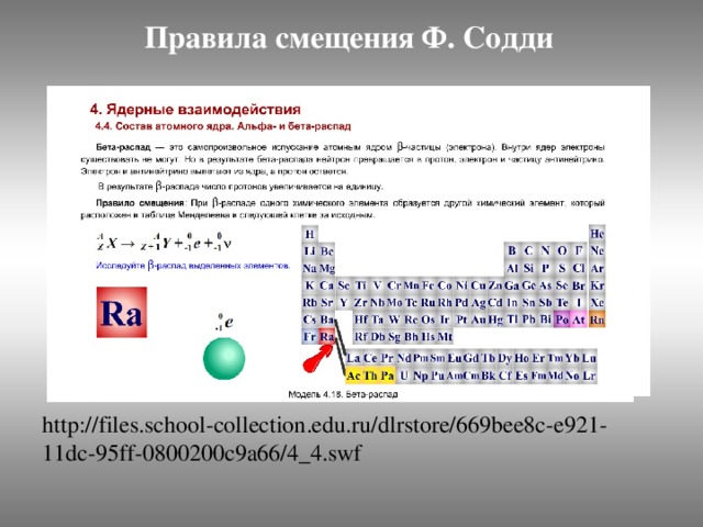 Правила смещения Ф. Содди   http://files.school-collection.edu.ru/dlrstore/669bee8c-e921-11dc-95ff-0800200c9a66/4_4.swf