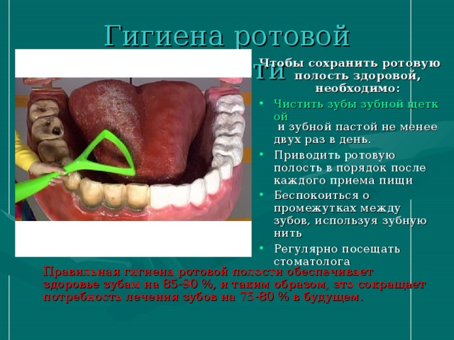 Гигиена ротовой полости Чтобы сохранить ротовую полость здоровой, необходимо: Чистить зубы зубной щеткой  и зубной пастой не менее двух раз в день. Приводить ротовую полость в порядок после каждого приема пищи Беспокоиться о промежутках между зубов, используя зубную нить Регулярно посещать стоматолога   Правильная гигиена ротовой полости обеспечивает здоровье зубам на 85-90 %, и таким образом, это сокращает потребность лечения зубов на 75-80 % в будущем.  