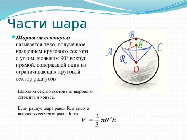 Части шара Шаровым сектором называется тело, полученное вращением кругового сектора с углом, меньшим 90° вокруг прямой, содержащей один из ограничивающих круговой сектор радиусов Шаровой сектор состоит из шарового сегмента и конуса. Если радиус шара равен R, а высота шарового сегмента равна h, то 