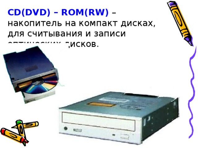 CD(DVD) – ROM(RW) – накопитель на компакт дисках, для считывания и записи оптических дисков. 32 