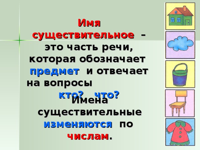 Имя существительное – это часть речи, которая обозначает предмет и отвечает на вопросы кто?  что? Имена существительные изменяются по числам . 