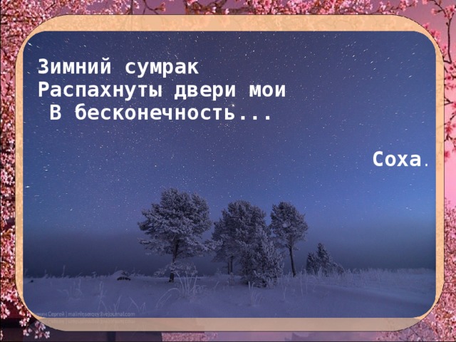 Зимний сумрак Распахнуты двери мои  В бесконечность...  Соха . 
