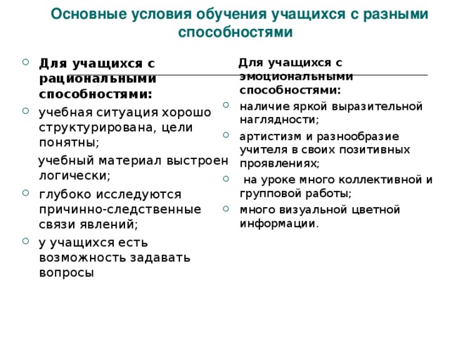   Основные условия обучения учащихся с разными способностями Для учащихся с рациональными способностями: учебная ситуация хорошо структурирована, цели понятны;  Для учащихся с эмоциональными способностями:  учебный материал выстроен логически; наличие яркой выразительной наглядности; артистизм и разнообразие учителя в своих позитивных проявлениях;  на уроке много коллективной и групповой работы; много визуальной цветной информации. глубоко исследуются причинно-следственные связи явлений; у учащихся есть возможность задавать вопросы 
