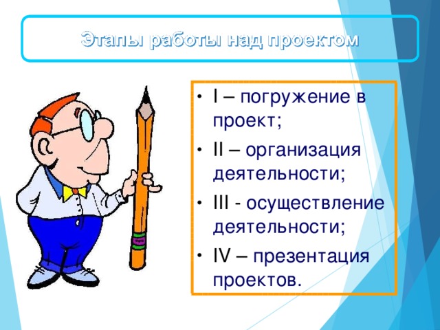 I – погружение в проект; II – организация деятельности; III - осуществление деятельности; IV – презентация проектов.