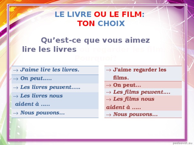 Le livre ou  le film : ton choix Qu’est-ce que vous aimez  lire les livres ou regarder les films ? Pourquoi ? J'aime regarder les films. On peut... Les films peuvent.... Les films nous aident à ..... Nous pouvons... J'aime lire les livres. On peut..... Les livres peuvent..... Les livres nous  aident à .....