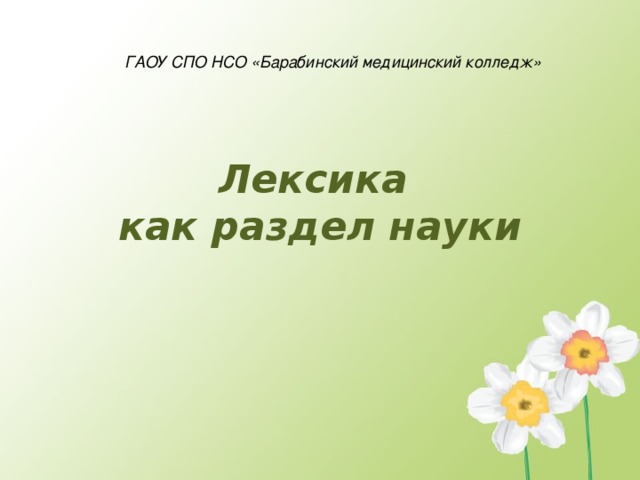 ГАОУ СПО НСО «Барабинский медицинский колледж» Лексика  как раздел науки 