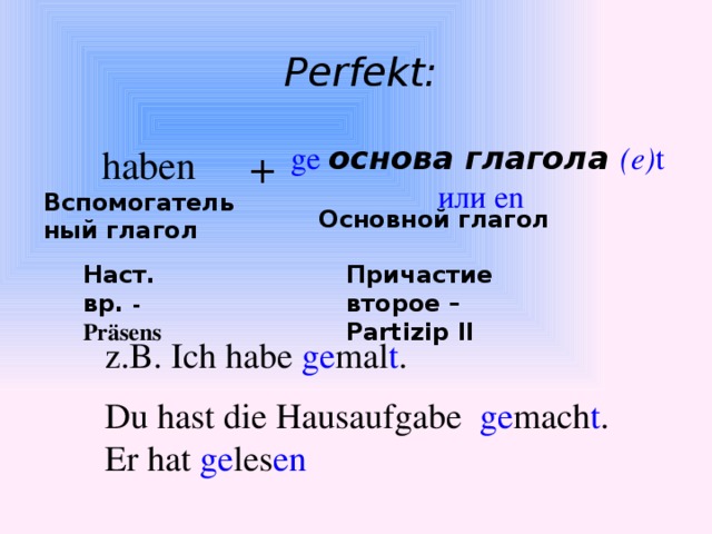 Perfekt: ge  основа глагола (е) t или en haben   + Вспомогательный глагол Основной глагол Наст. вр. - Präsens Причастие второе – Partizip II z.B. Ich habe ge mal t . Du hast die Hausaufgabe ge mach t . Er hat ge les en
