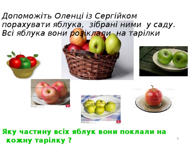  Допоможіть Оленці із Сергійком порахувати яблука, зібрані ними у саду. Всі яблука вони розіклали на тарілки  Яку частину всіх яблук вони поклали на кожну тарілку ?  