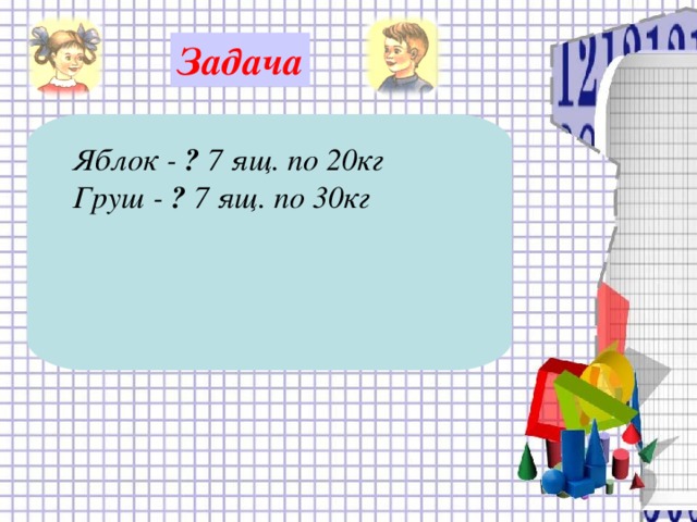 Задача  Яблок - ? 7 ящ. по 20кг Груш - ? 7 ящ. по 30кг