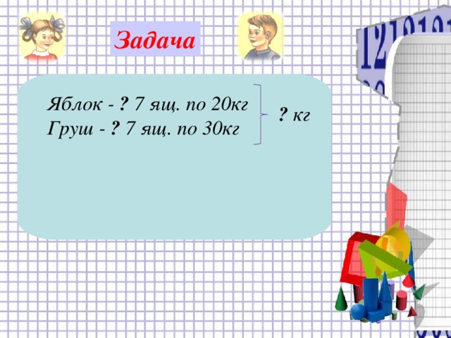 Задача  Яблок - ? 7 ящ. по 20кг Груш - ? 7 ящ. по 30кг  ? кг